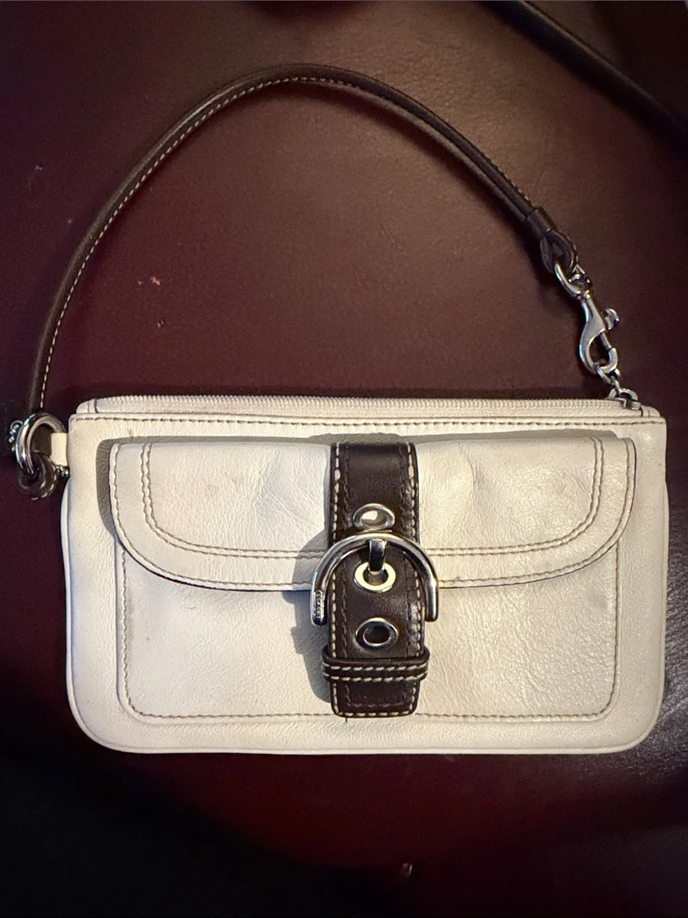 Coach vintage cream Leather Slim Wristlet with Dark Brown Strap & Buckle